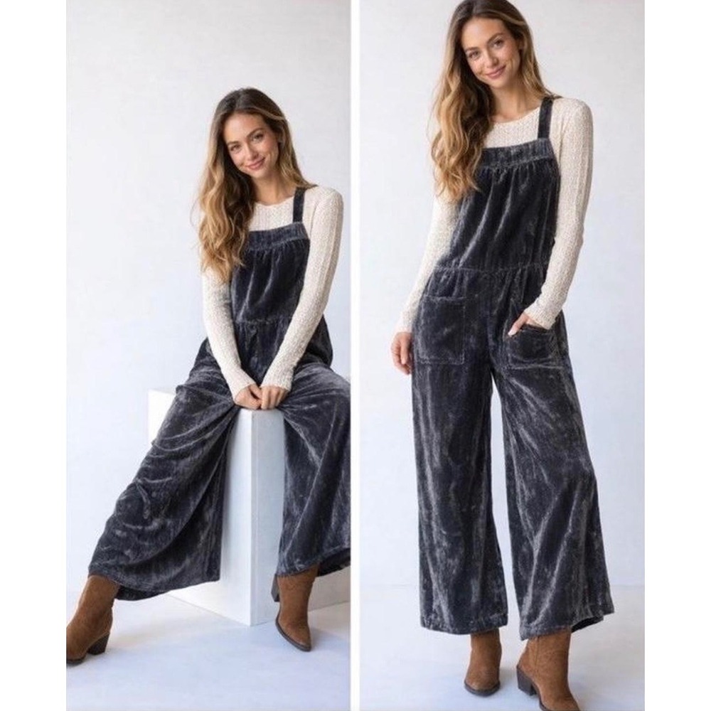 Natural Life Womens XS Charcoal Grey Crushed Velvet Wide Leg Overalls Boho Tie